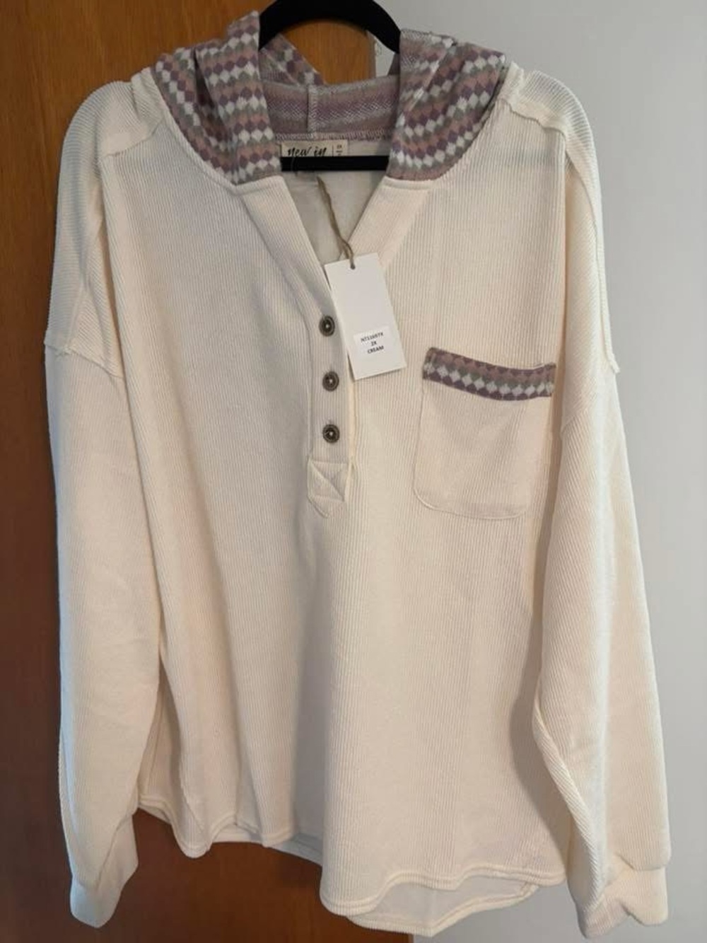 entro Cream Hooded Henley Top with Patterned Trim
